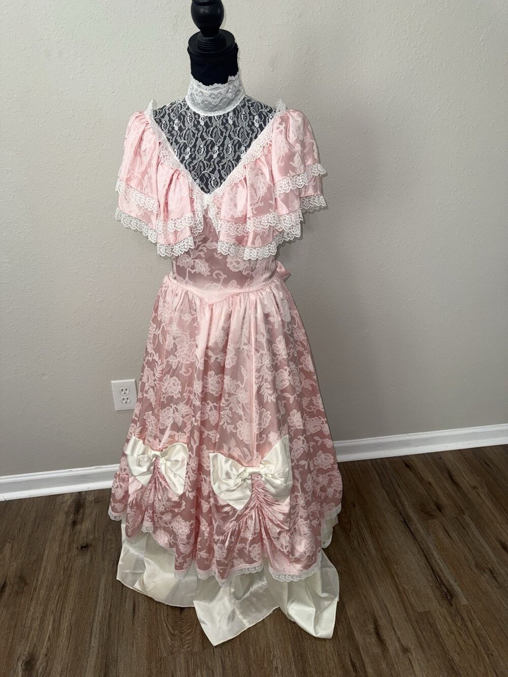 Vtg 80s Gunne Sax Pink Lace Prom Dress High Neck Victorian Bows Coquette Gown 9